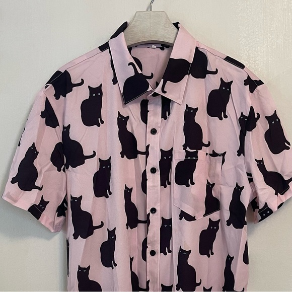 Shein Shirt Black Cats Pink Large New Button Down Mens - Picture 9 of 11